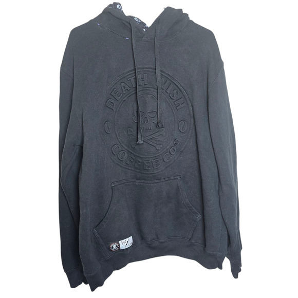 Death Wish Coffee Hoodie Embossed All Black DWC Logo Crossbone Lined Hood #940 - Picture 1 of 9